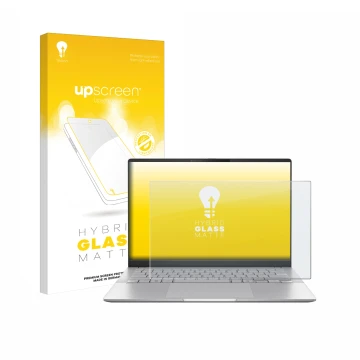 Parte frontal de un envase de producto con el logotipo de la marca upscreen. Al lado se muestra el dispositivo ASUS Vivobook S