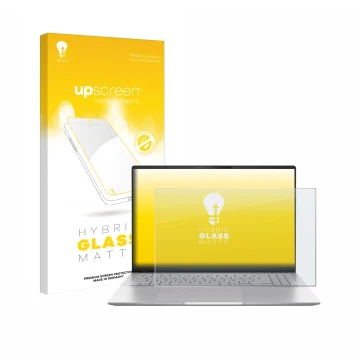 Parte frontal de un envase de producto con el logotipo de la marca upscreen. Al lado se muestra el dispositivo ASUS Vivobook S