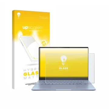 Parte frontal de un envase de producto con el logotipo de la marca upscreen. Al lado se muestra el dispositivo ASUS Vivobook S