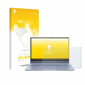 Parte frontal de un envase de producto con el logotipo de la marca upscreen. Al lado se muestra el dispositivo ASUS Vivobook S
