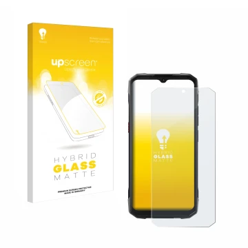 Parte frontal de un envase de producto con el logotipo de la marca upscreen. Al lado se muestra el dispositivo Hotwav Cyber 15