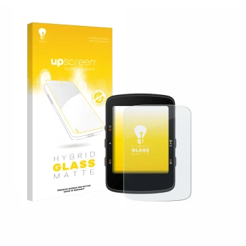 Parte frontal de un envase de producto con el logotipo de la marca upscreen. Al lado se muestra el dispositivo Bryton Rider 46