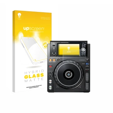 Parte frontal de un envase de producto con el logotipo de la marca upscreen. Al lado se muestra el dispositivo Pioneer XDJ -10