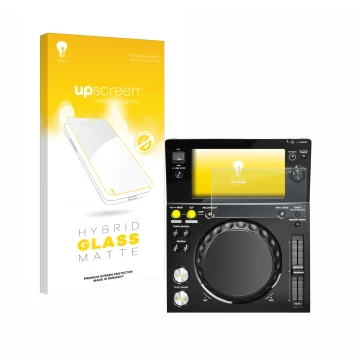 Parte frontal de un envase de producto con el logotipo de la marca upscreen. Al lado se muestra el dispositivo Pioneer XDJ -70