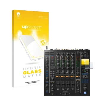 Parte frontal de un envase de producto con el logotipo de la marca upscreen. Al lado se muestra el dispositivo Pioneer DJM A9 