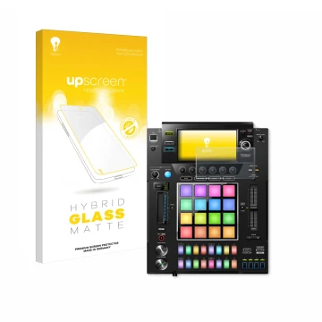 Parte frontal de un envase de producto con el logotipo de la marca upscreen. Al lado se muestra el dispositivo Pioneer DJS -10