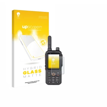 Parte frontal de un envase de producto con el logotipo de la marca upscreen. Al lado se muestra el dispositivo Inrico T320 con