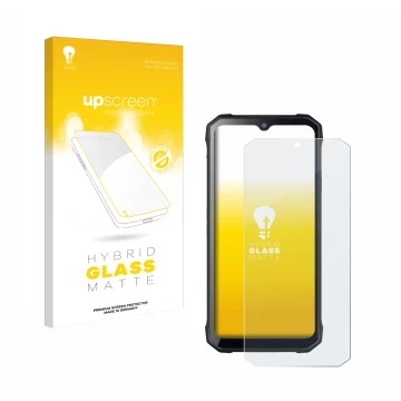 Parte frontal de un envase de producto con el logotipo de la marca upscreen. Al lado se muestra el dispositivo Hotwav T7 con s
