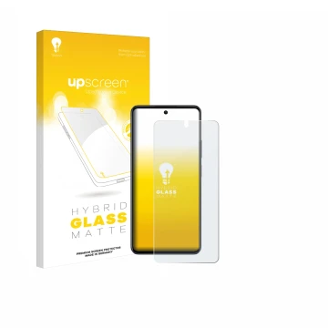 Parte frontal de un envase de producto con el logotipo de la marca upscreen. Al lado se muestra el dispositivo Oppo A79 5G con