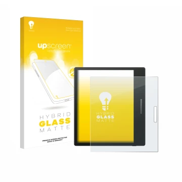 Parte frontal de un envase de producto con el logotipo de la marca upscreen. Al lado se muestra el dispositivo Boox Go Color 7