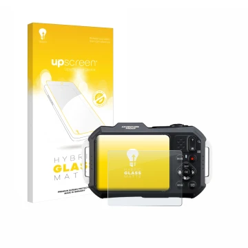 Parte frontal de un envase de producto con el logotipo de la marca upscreen. Al lado se muestra el dispositivo Ricoh Pentax WG