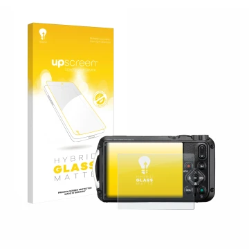 Parte frontal de un envase de producto con el logotipo de la marca upscreen. Al lado se muestra el dispositivo Ricoh Pentax WG