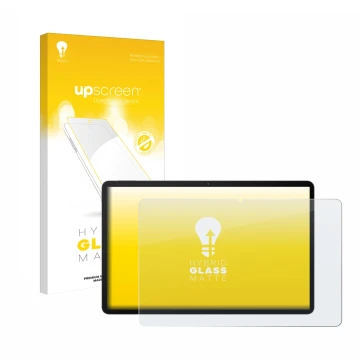 Parte frontal de un envase de producto con el logotipo de la marca upscreen. Al lado se muestra el dispositivo Huawei MatePad 