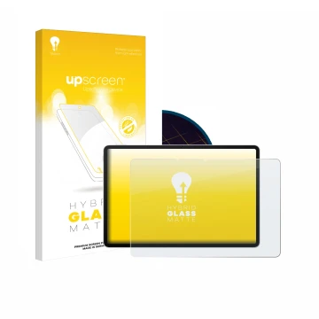 Parte frontal de un envase de producto con el logotipo de la marca upscreen. Al lado se muestra el dispositivo Huawei MatePad 