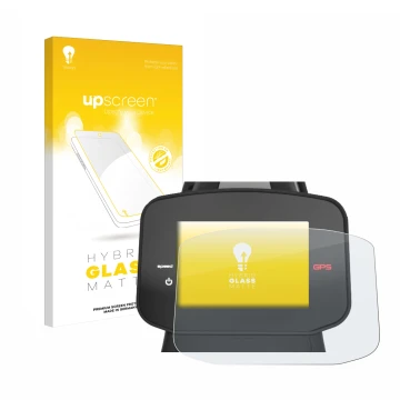 Parte frontal de un envase de producto con el logotipo de la marca upscreen. Al lado se muestra el dispositivo PowaKaddy FX7 G