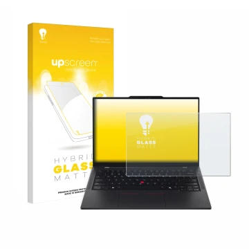 Parte frontal de un envase de producto con el logotipo de la marca upscreen. Al lado se muestra el dispositivo Lenovo ThinkPad