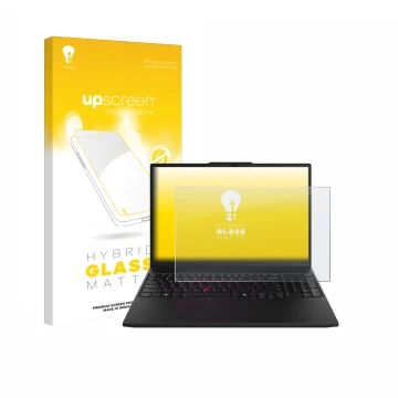 Parte frontal de un envase de producto con el logotipo de la marca upscreen. Al lado se muestra el dispositivo Lenovo ThinkPad