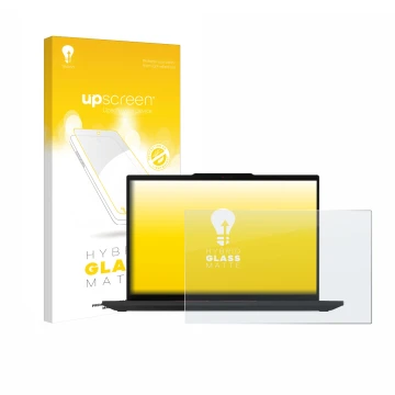 Parte frontal de un envase de producto con el logotipo de la marca upscreen. Al lado se muestra el dispositivo Lenovo ThinkPad