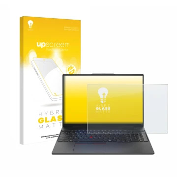 Parte frontal de un envase de producto con el logotipo de la marca upscreen. Al lado se muestra el dispositivo Lenovo ThinkPad