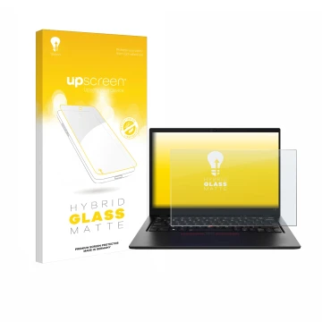 Parte frontal de un envase de producto con el logotipo de la marca upscreen. Al lado se muestra el dispositivo Lenovo ThinkPad