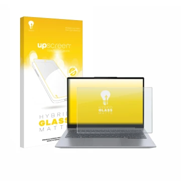 Parte frontal de un envase de producto con el logotipo de la marca upscreen. Al lado se muestra el dispositivo Lenovo ThinkBoo