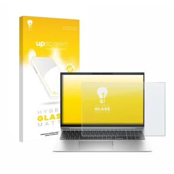 Parte frontal de un envase de producto con el logotipo de la marca upscreen. Al lado se muestra el dispositivo HP EliteBook 84