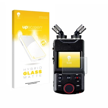 Parte frontal de un envase de producto con el logotipo de la marca upscreen. Al lado se muestra el dispositivo Tascam Portacap
