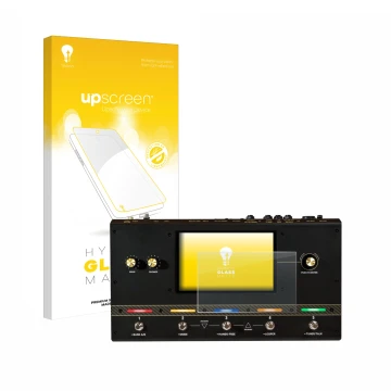 Parte frontal de un envase de producto con el logotipo de la marca upscreen. Al lado se muestra el dispositivo Headrush Core c