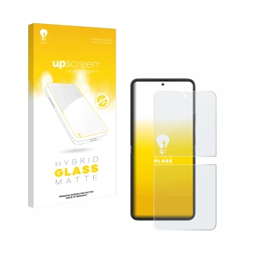 Parte frontal de un envase de producto con el logotipo de la marca upscreen. Al lado se muestra el dispositivo Blackview Hero 