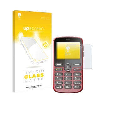 Parte frontal de un envase de producto con el logotipo de la marca upscreen. Al lado se muestra el dispositivo Doro 1880 con s