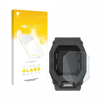 Parte frontal de un envase de producto con el logotipo de la marca upscreen. Al lado se muestra el dispositivo Casio G-Shock G