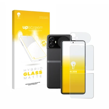 Parte frontal de un envase de producto con el logotipo de la marca upscreen. Al lado se muestra el dispositivo Blackview Hero 