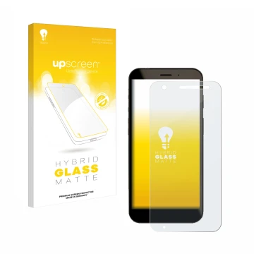 Parte frontal de un envase de producto con el logotipo de la marca upscreen. Al lado se muestra el dispositivo Datalogic Memor