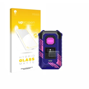 Parte frontal de un envase de producto con el logotipo de la marca upscreen. Al lado se muestra el dispositivo Vaporesso Armou