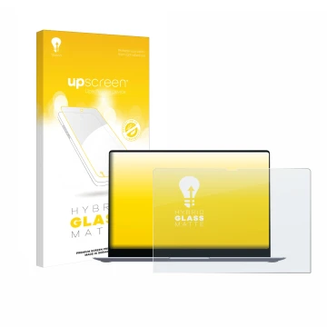 Parte frontal de un envase de producto con el logotipo de la marca upscreen. Al lado se muestra el dispositivo Samsung Galaxy 