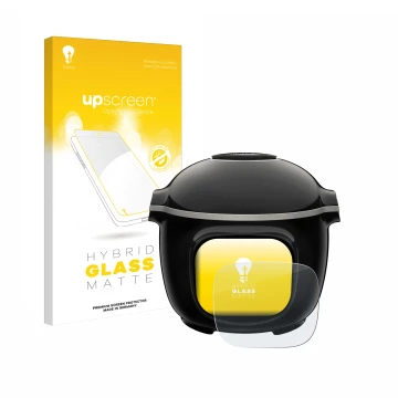 Parte frontal de un envase de producto con el logotipo de la marca upscreen. Al lado se muestra el dispositivo Moulinex Cookeo