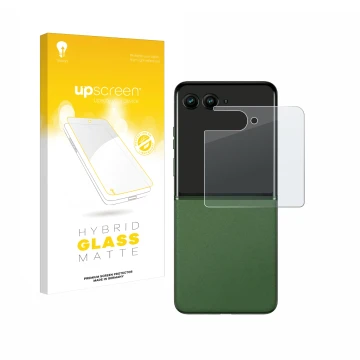 Parte frontal de un envase de producto con el logotipo de la marca upscreen. Al lado se muestra el dispositivo Motorola Razr 5
