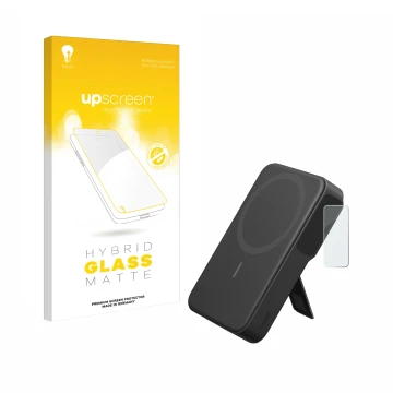 Parte frontal de un envase de producto con el logotipo de la marca upscreen. Al lado se muestra el dispositivo Anker MagGo con