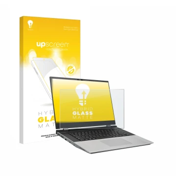 Parte frontal de un envase de producto con el logotipo de la marca upscreen. Al lado se muestra el dispositivo Framework Lapto