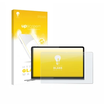 Parte frontal de un envase de producto con el logotipo de la marca upscreen. Al lado se muestra el dispositivo Lenovo Tab Plus