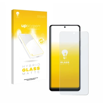 Parte frontal de un envase de producto con el logotipo de la marca upscreen. Al lado se muestra el dispositivo realme 12 4G co