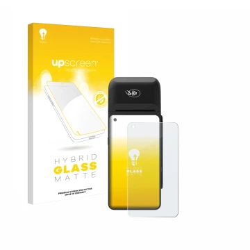 Parte frontal de un envase de producto con el logotipo de la marca upscreen. Al lado se muestra el dispositivo Verifone T650c 