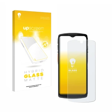 Parte frontal de un envase de producto con el logotipo de la marca upscreen. Al lado se muestra el dispositivo Urovo DT66 con 