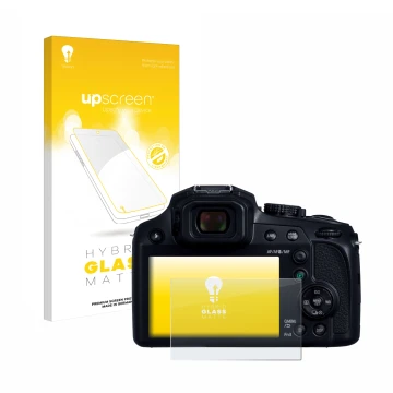 Parte frontal de un envase de producto con el logotipo de la marca upscreen. Al lado se muestra el dispositivo Panasonic Lumix