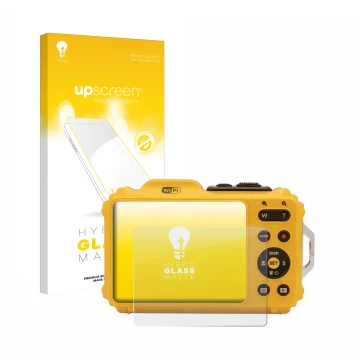 Parte frontal de un envase de producto con el logotipo de la marca upscreen. Al lado se muestra el dispositivo Kodak Pixpro WP