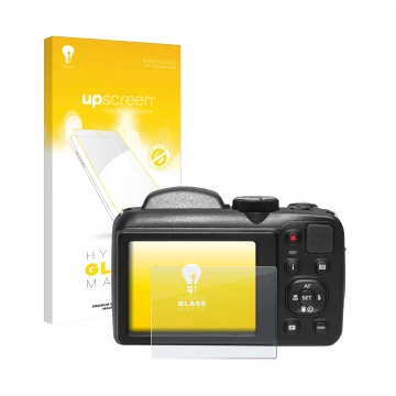 Parte frontal de un envase de producto con el logotipo de la marca upscreen. Al lado se muestra el dispositivo Kodak Pixpro AZ