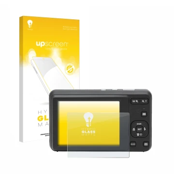 Parte frontal de un envase de producto con el logotipo de la marca upscreen. Al lado se muestra el dispositivo Kodak Pixpro FZ