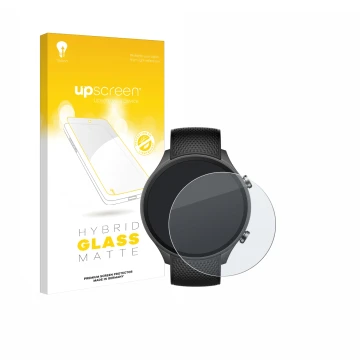 Parte frontal de un envase de producto con el logotipo de la marca upscreen. Al lado se muestra el dispositivo OnePlus watch 2