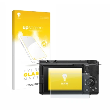 Parte frontal de un envase de producto con el logotipo de la marca upscreen. Al lado se muestra el dispositivo Sony Alpha ZV-E