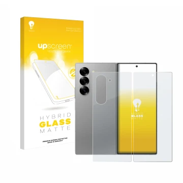 Parte frontal de un envase de producto con el logotipo de la marca upscreen. Al lado se muestra el dispositivo Samsung Galaxy 